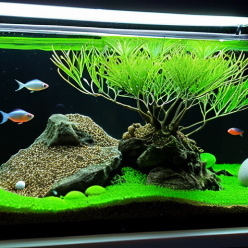 **

A close-up, underwater shot of a meticulously prepared Neon Tetra breeding tank. The pH is between 6.0 and 6.5. The soft lighting filters through lush Java Moss, illuminating tiny, translucent Neon Tetra eggs scattered among the fine gravel and glass marbles on the bottom. A delicate net separates the eggs from adult Neon Tetras. The water is crystal clear, showing meticulous water quality control. Focus on detail, showcasing the fragile ecosystem and the promise of new life. A pH testing kit is in focus near the side of the tank.

**