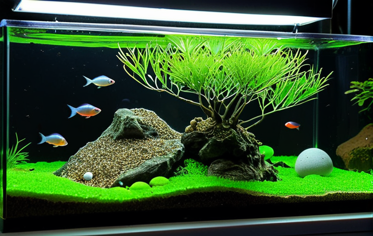 **

A close-up, underwater shot of a meticulously prepared Neon Tetra breeding tank. The pH is between 6.0 and 6.5. The soft lighting filters through lush Java Moss, illuminating tiny, translucent Neon Tetra eggs scattered among the fine gravel and glass marbles on the bottom. A delicate net separates the eggs from adult Neon Tetras. The water is crystal clear, showing meticulous water quality control. Focus on detail, showcasing the fragile ecosystem and the promise of new life. A pH testing kit is in focus near the side of the tank.

**