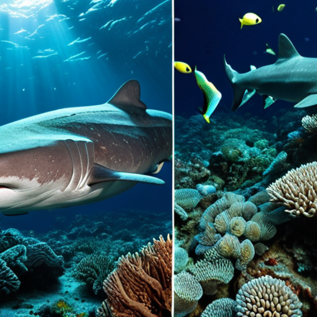 A split-screen visual. On the left, a dynamic, brightly lit coral reef bustling with swarms of small, vibrant tropical fish darting rapidly, symbolizing high predation pressure, fast metabolism, and short lifespans. On the right, a dark, serene deep-sea abyss, subtly lit by ethereal bioluminescence, featuring an ancient, slow-moving Greenland shark or a majestic, enigmatic large deep-sea fish, representing low metabolism, extreme cold, and extraordinary longevity.