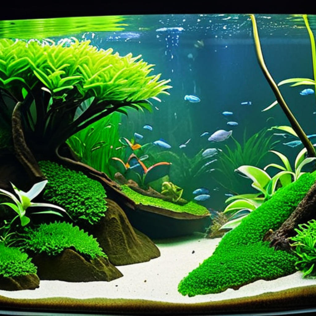 Tropical Rainforest Aquarium**
"A lush, vibrant aquarium, featuring a background of dense green aquatic plants like Anubias and Java moss, safe for work, appropriate content, fully clothed (no people), professional aquascape, natural proportions, well-formed plants, diffused lighting, family-friendly, high detail, photo-realistic."
**