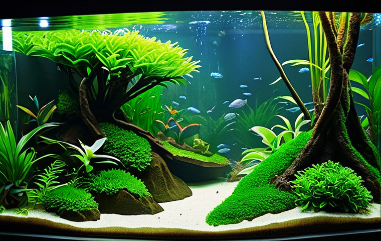 Tropical Rainforest Aquarium**

"A lush, vibrant aquarium, featuring a background of dense green aquatic plants like Anubias and Java moss, safe for work, appropriate content, fully clothed (no people), professional aquascape, natural proportions, well-formed plants, diffused lighting, family-friendly, high detail, photo-realistic."

**