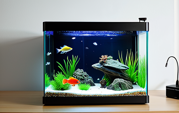 초보자를 위한 어항 선택 - Setting Up a Small Fish Tank**

"A brightly lit, clean desk with a small, 30-50 liter glass fish tan...