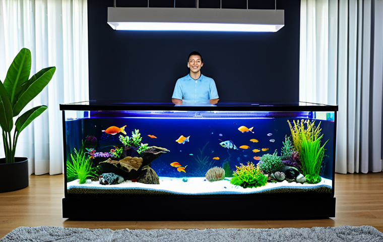 초보자를 위한 어항 선택 - Setting Up a Small Fish Tank**

"A brightly lit, clean desk with a small, 30-50 liter glass fish tan...