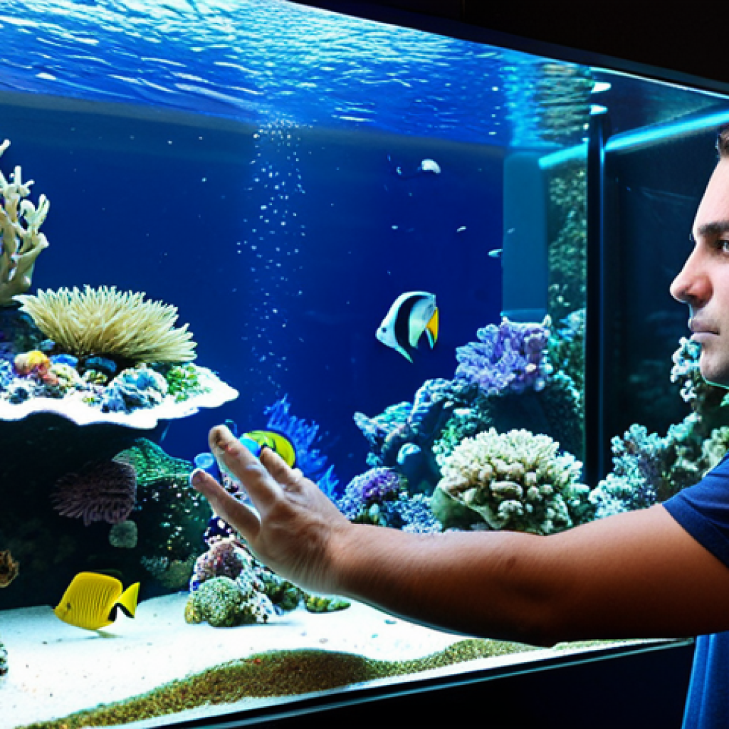 어항 속 미니 산호초 - Setting up the Reef Tank**

"A person setting up a marine aquarium, placing substrate and decoration...