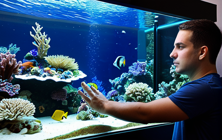 어항 속 미니 산호초 - Setting up the Reef Tank**

"A person setting up a marine aquarium, placing substrate and decoration...