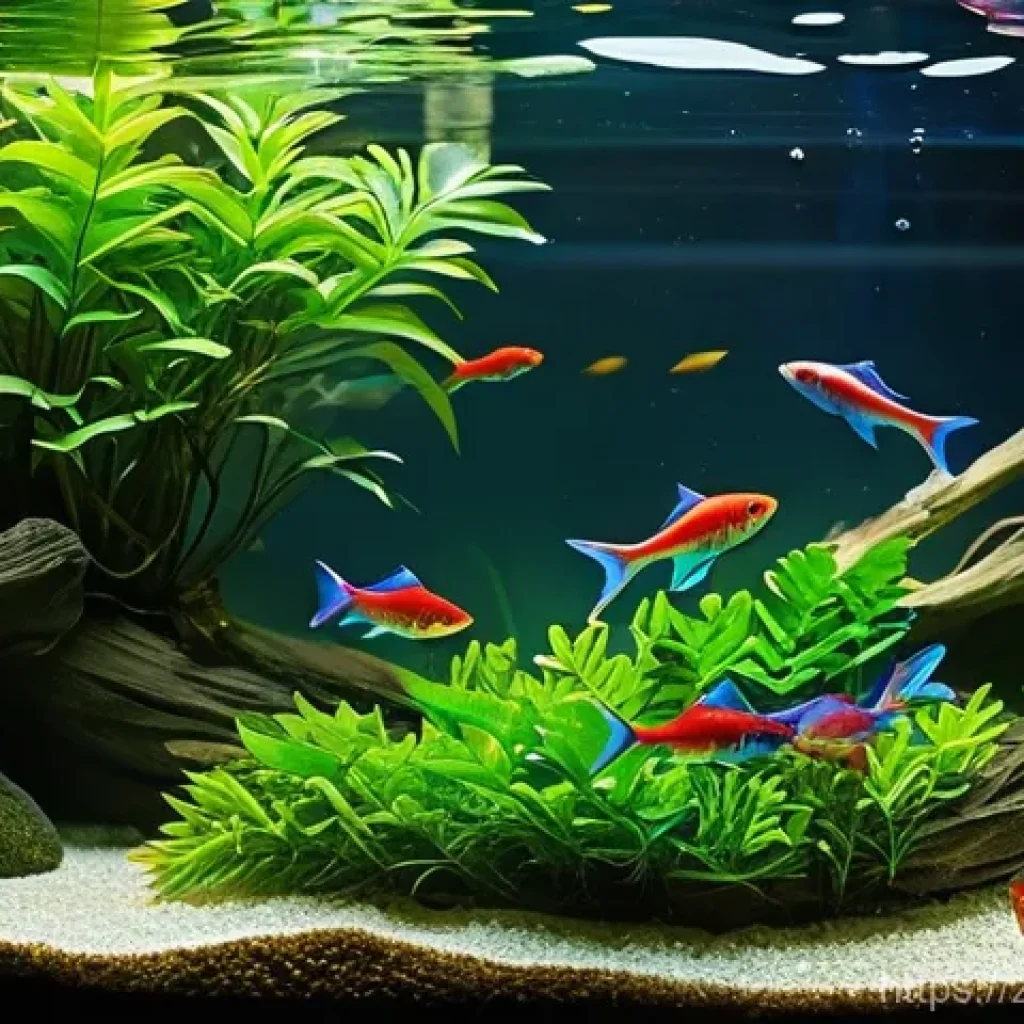 네온테트라 관리법 - **Prompt 1: A vibrant school of healthy Neon Tetras (Paracheirodon innesi) swimming gracefully throu...