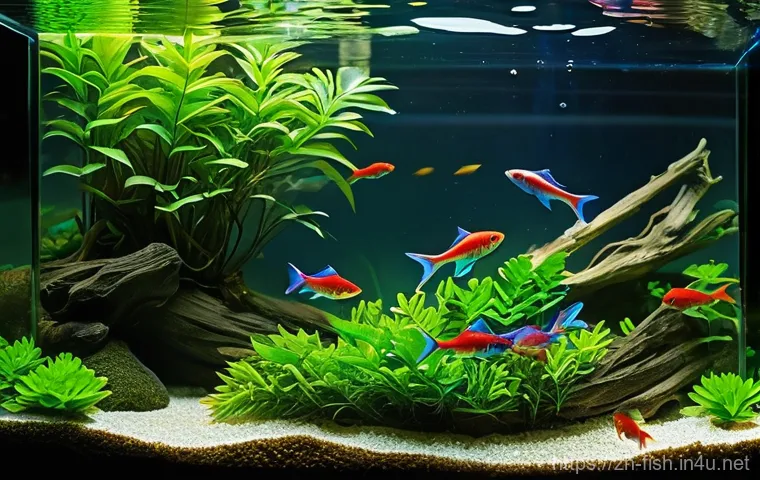 네온테트라 관리법 - **Prompt 1: A vibrant school of healthy Neon Tetras (Paracheirodon innesi) swimming gracefully throu...