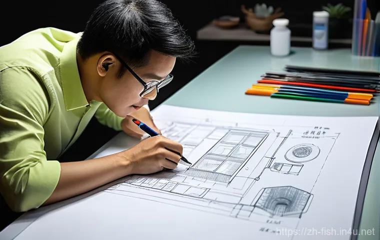 DIY 수조 제작 - A joyful adult, dressed in casual clothing, enthusiastically sketching design plans for a DIY smart ...