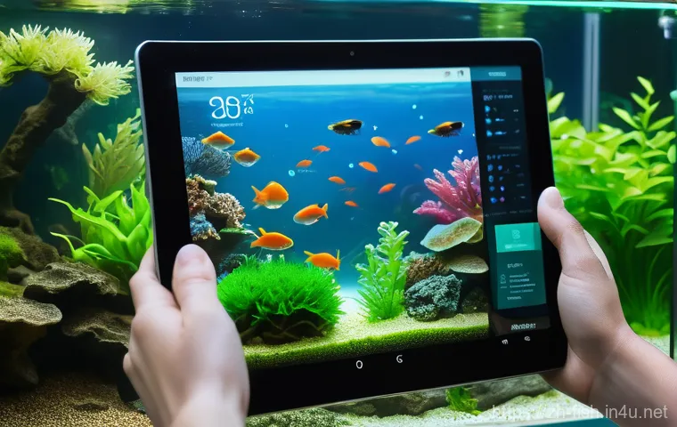 DIY 수조 제작 - A stunning, fully established smart ecological aquarium, prominently displayed as a centerpiece in a...