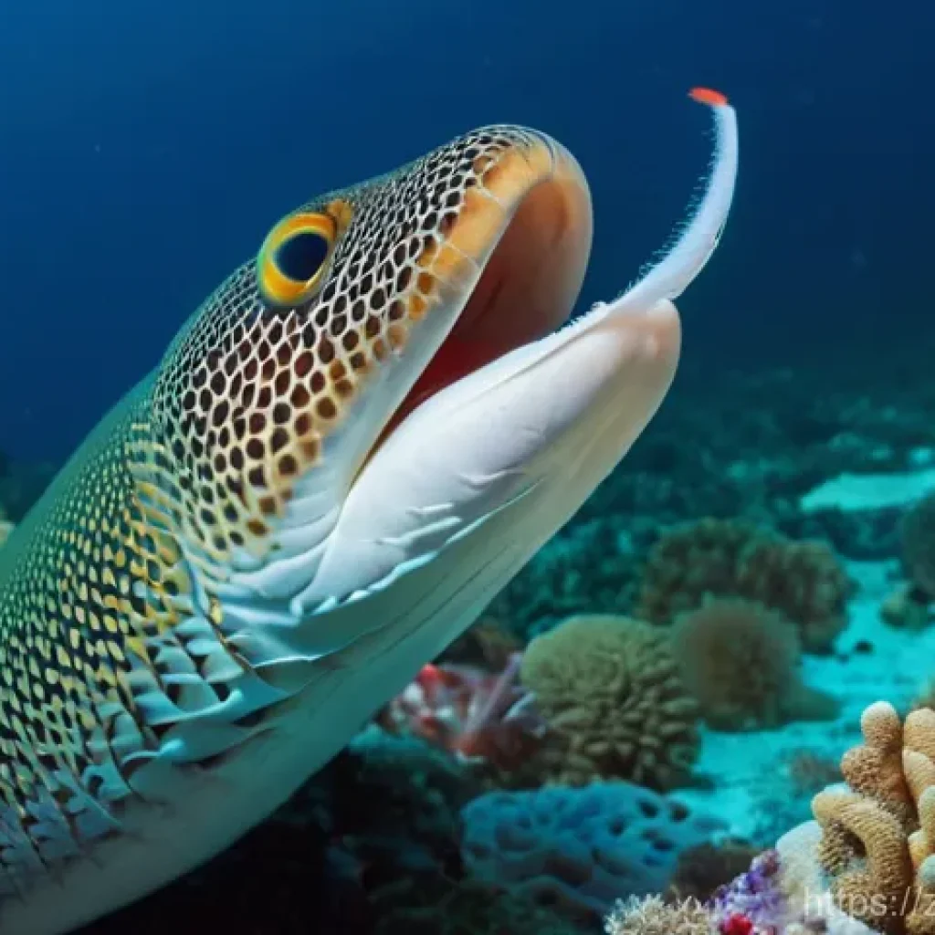 새우와 물고기 공생 - **"Underwater close-up of a remarkable symbiotic moment on a vibrant coral reef. A large, stoic Mora...