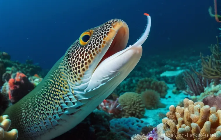새우와 물고기 공생 - **"Underwater close-up of a remarkable symbiotic moment on a vibrant coral reef. A large, stoic Mora...