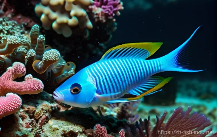 새우와 물고기 공생 - **"Underwater close-up of a remarkable symbiotic moment on a vibrant coral reef. A large, stoic Mora...
