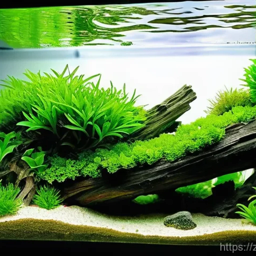 수초와 조명 궁합 - **"A perfectly balanced freshwater planted aquarium, viewed from slightly above, showcasing a vibran...
