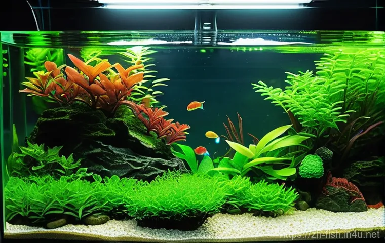 수초와 조명 궁합 - **"A perfectly balanced freshwater planted aquarium, viewed from slightly above, showcasing a vibran...