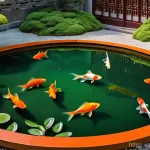 금붕어와 잉어 차이 - **Chinese Goldfish in a Serene Garden Pond:** A group of diverse goldfish, including a plump 'Ranchu...