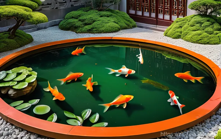 금붕어와 잉어 차이 - **Chinese Goldfish in a Serene Garden Pond:** A group of diverse goldfish, including a plump 'Ranchu...