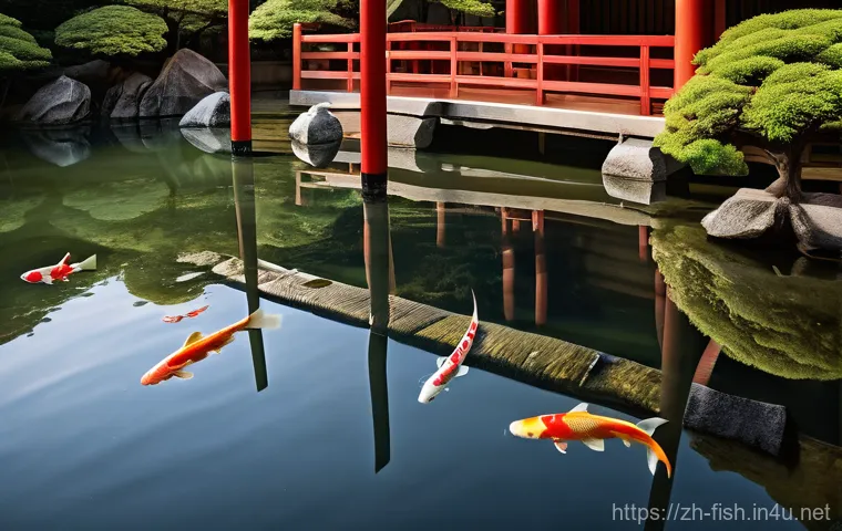 금붕어와 잉어 차이 - **Chinese Goldfish in a Serene Garden Pond:** A group of diverse goldfish, including a plump 'Ranchu...
