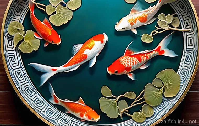 금붕어와 잉어 차이 - **Japanese Koi in a Dynamic Zen Landscape:** Several large, powerful Koi fish, specifically a 'Kohak...