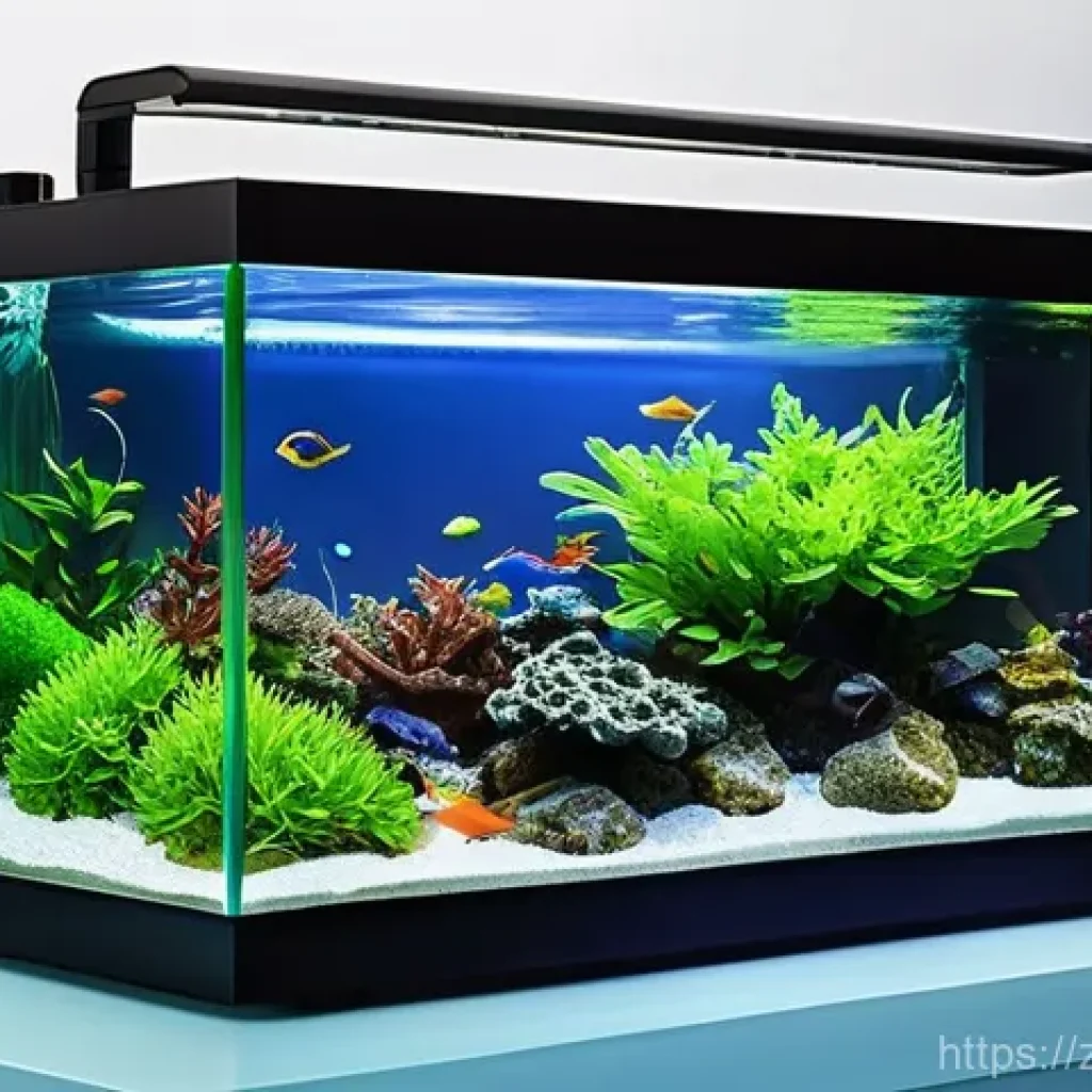 초보자용 어항 키트 - **Prompt 1: Modern Smart Aquarium with User Interaction**
"A vibrant, modern smart aquarium disp...